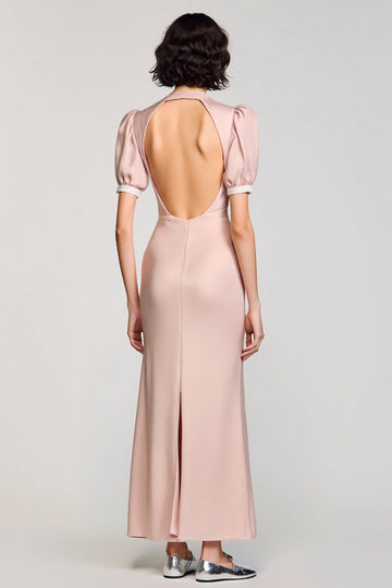 Robe dos nu à revers cranté rose avec manches bouffantes